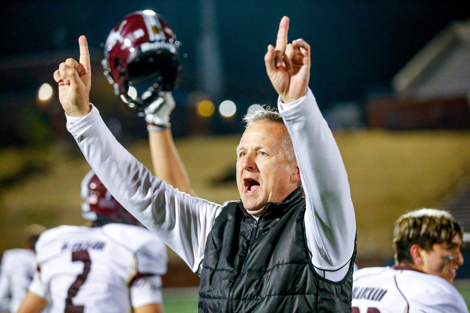 Blanchard head coach Jeff Craig celebrates after Blanchard won the 4A high school football state championship game between Blanchard and Wagoner at Chad Richison Stadium in Edmond, Okla., on Friday, Dec. 1, 2023.
