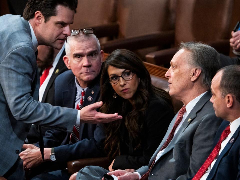 From left, Reps. Matt Gaetz, R-Fla., Matt Rosendale, R-Mont., Lauren Boebert, R-Colo., Andy Biggs, R-Ariz., and Bob Good, R-Va., are seen on the House floor during a vote in which Republican Leader Kevin McCarthy, R-Calif., did not receive enough votes for Speaker of House on Friday, January 6, 2023.