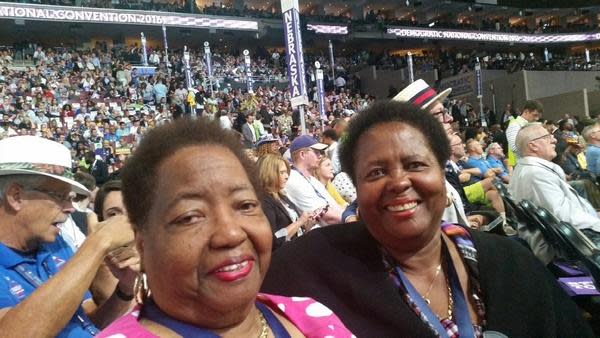 Joyce Cusack, pictured at right, went with her sister, Joan Lane, to the Democratic National Convention in Philadelphia in 2016. Cusack has served as a delegate at several of the national conventions.