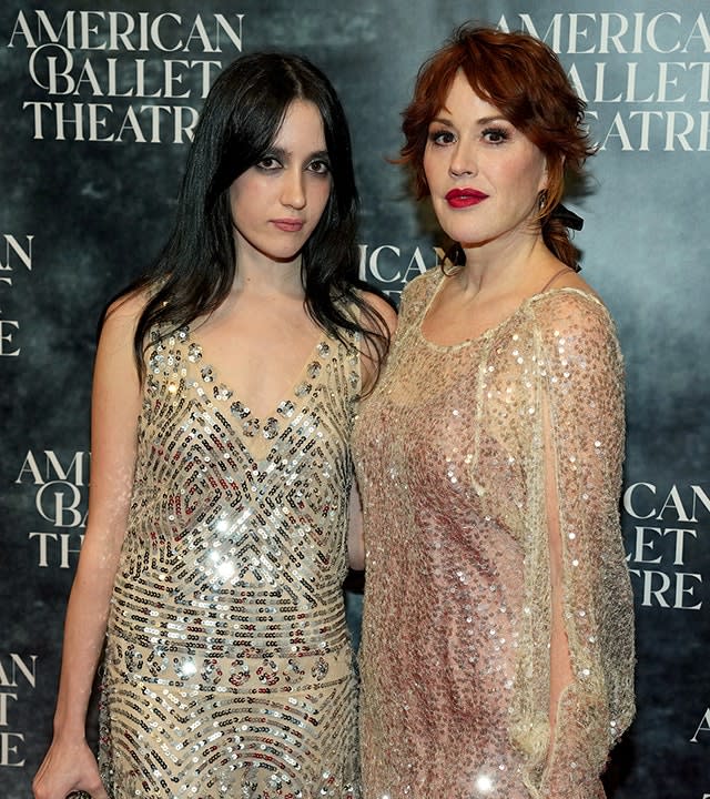 Mathilda Gianopoulos and her mother Molly Ringwald both in sparkly outfits on the carpet in New York