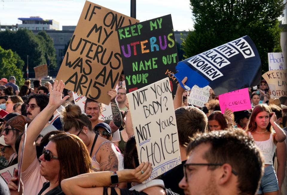 June 24, 2022; Columbus, Ohio, United States;  Hundreds of people rallied at the Ohio Statehouse and marched through downtown Columbus in support of abortion after the Supreme Court overturned Roe vs. Wade on Friday. Mandatory Credit: Barbara J. Perenic/Columbus Dispatch