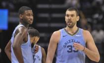 Jan 21, 2019; Memphis, TN, USA; Memphis Grizzlies forward Jaren Jackson Jr. (13) and center Marc Gasol (33) during the second half against the New Orleans Pelicans at FedExForum. The New Orleans Pelicans defeated the Memphis Grizzlies 105-85. Mandatory Credit: Justin Ford-USA TODAY Sports