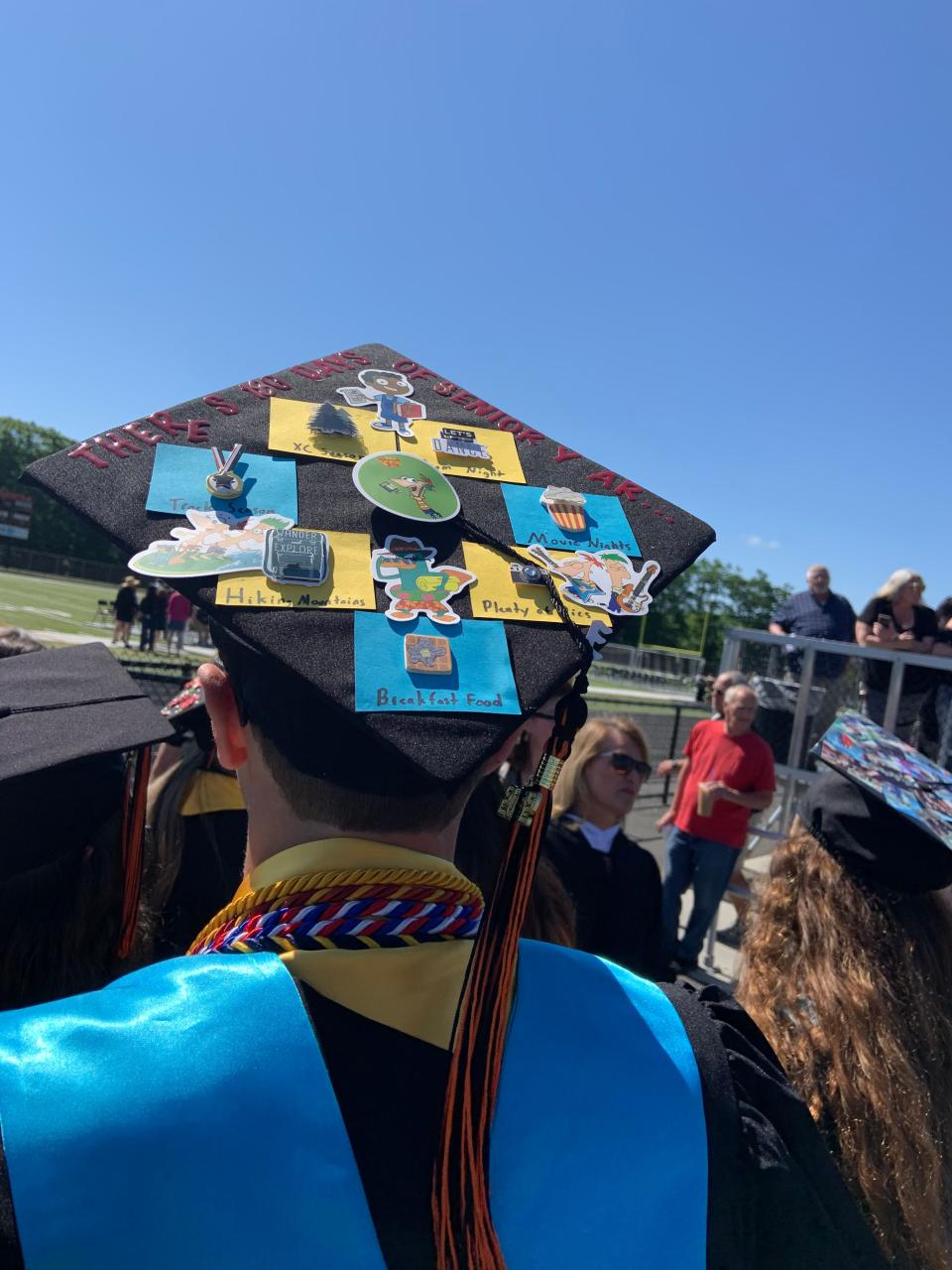 A graduate decorated his cap with some of the highlights of his senior year during a commencement ceremony at Gardner High School on Saturday, June 4.