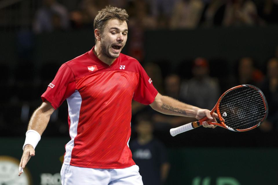 Stanislas Wawrinka, of Switzerland, shouts after losing a game against to Mikhail Kukushkin, of Kazakhstan, during the third single match of the tennis Davis Cup World Group quarterfinal between Switzerland and Kazakhstan, in Geneva, Switzerland, Sunday, April 6, 2014. (AP Photo/Keystone,Salvatore Di Nolfi)