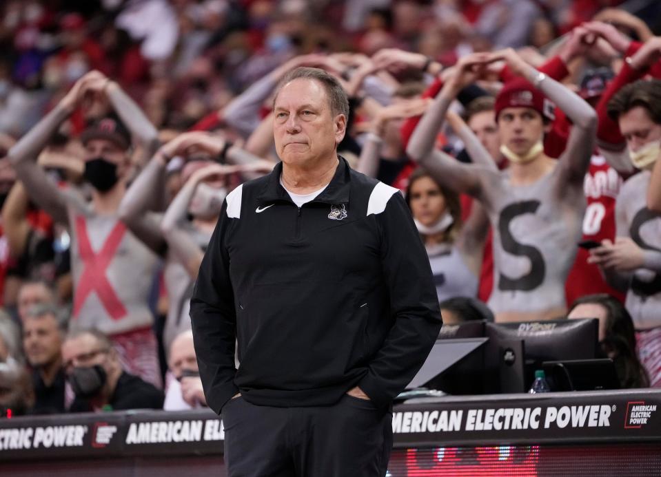 Michigan State Spartans head coach Tom Izzo watches during the first half of the NCAA men's basketball game against the Ohio State Buckeyes at Value City Arena in Columbus on March 3, 2022. 