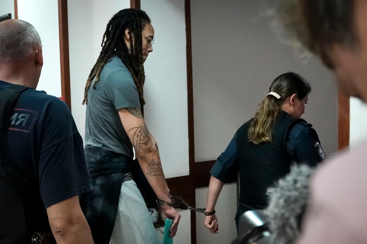 WNBA star and two-time Olympic gold medalist Brittney Griner leaves a courtroom after a hearing, in Khimki just outside Moscow, Russia, Monday, June 27, 2022. 