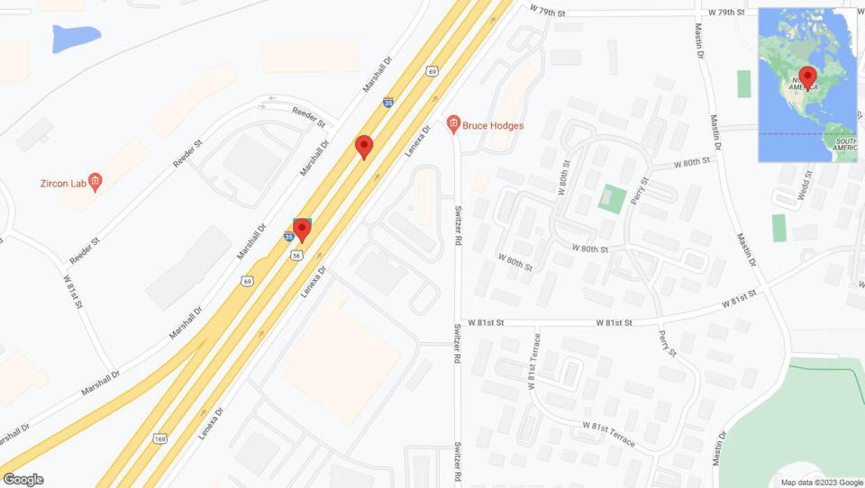 A detailed map that shows the affected road due to 'Broken down vehicle on eastbound I-35 in Overland Park' on September 18th at 12:26 p.m.