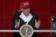 President Donald Trump speaks during a briefing from first responders on the response to Hurricane Laura, Saturday, Aug. 29, 2020, in Lake Charles, La. (AP Photo/Alex Brandon)