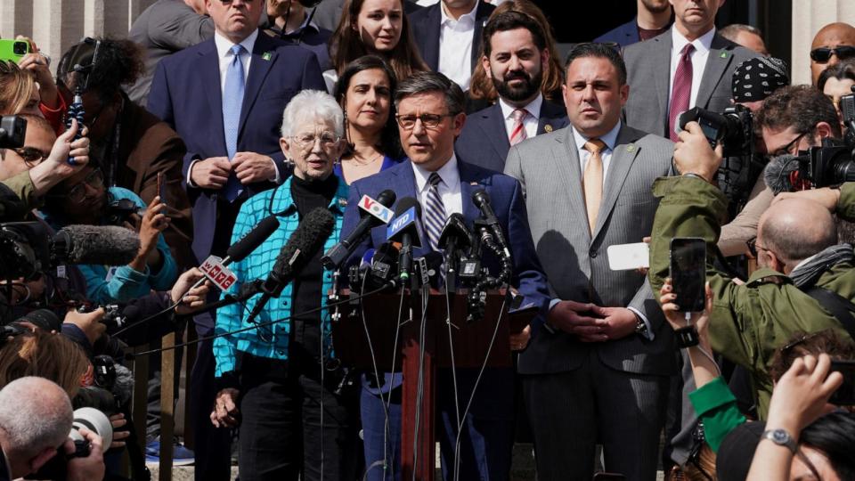 PHOTO: Speaker of the House of Representatives Mike Johnson attends a news conference at Columbia University in response to demonstrators protesting in support of Palestinians in New York, April 24, 2024. (David Dee Delgado/Reuters)