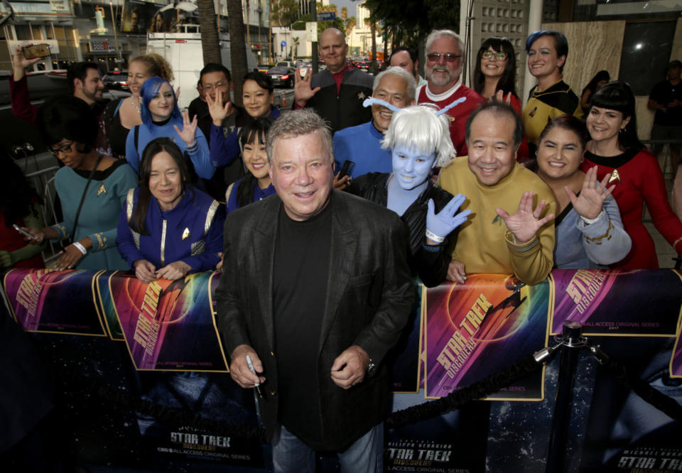 Willian Shatner poses with fans at the premier of "Star Trek: Discovery." <cite>Francis Specker/CBS</cite>