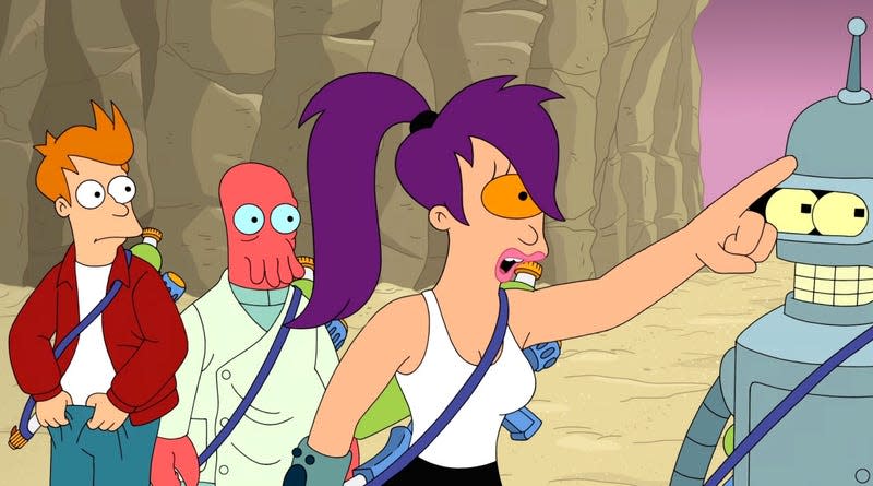 Futurama characters stand together in a desert