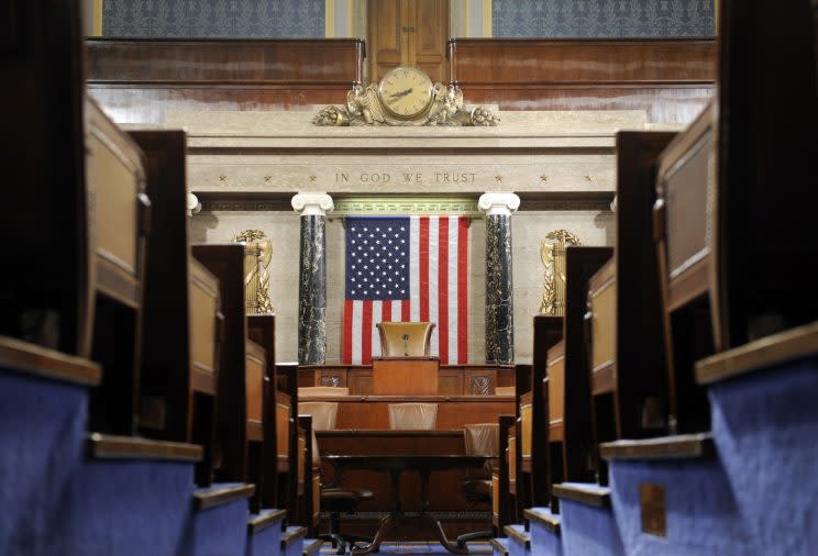 Interior shot of empty House Chamber on Capitol Hill, Washington, D.C.