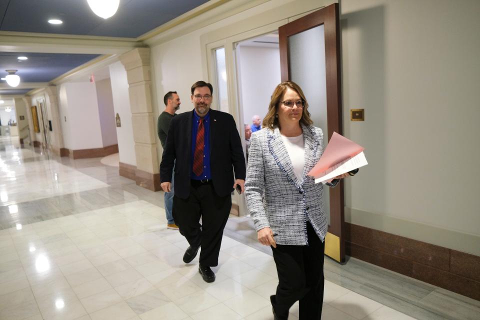 Chair Heather Mahieu Cline leads board members of the Oklahoma State Election Board into executive session Jan. 31, 2024, during a meeting at the Oklahoma Capitol. She is followed by Paul Ziriax, secretary of the state Election Board.