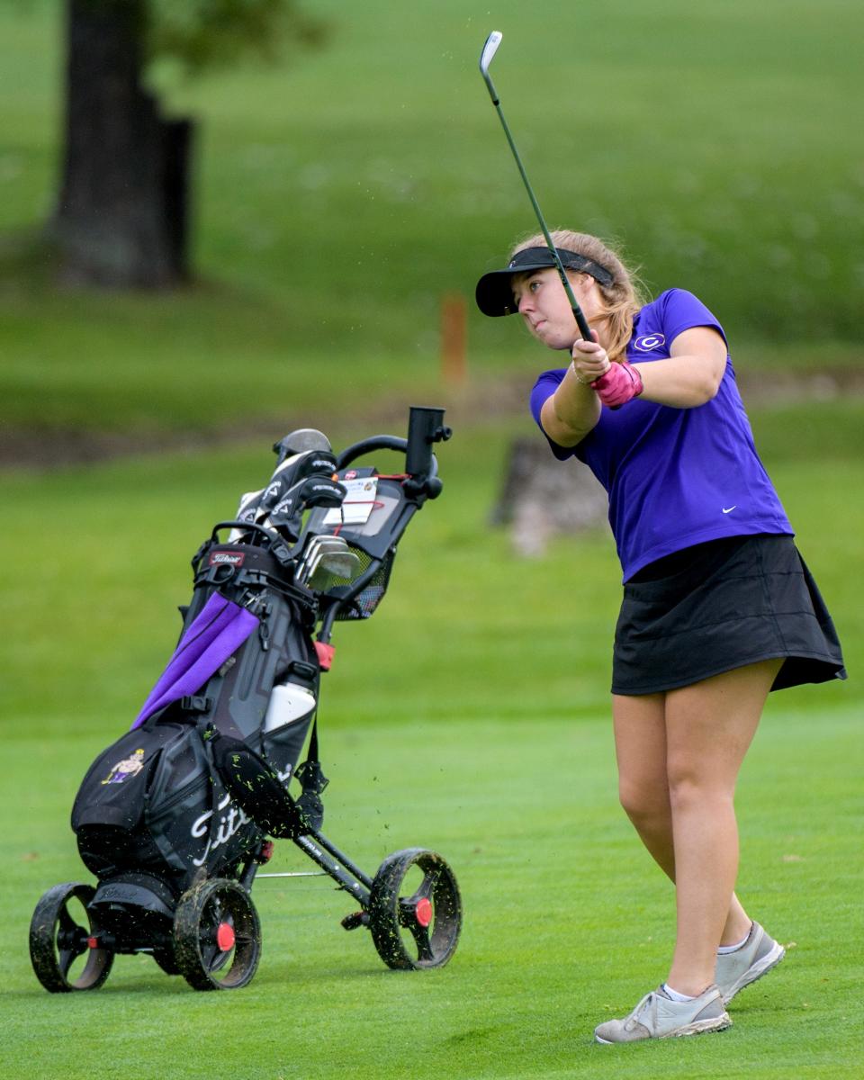 Canton's Natalie Downing drive from the fairway on No. 9 during the Class 1A Girls Golf Regional on Thursday, Sept. 28, 2023 at Kellogg Golf Course in Peoria.