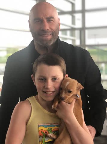 <p>John Travolta/Instagram</p> John Travolta, his son Benjamin and Peanut after the 2022 Oscars