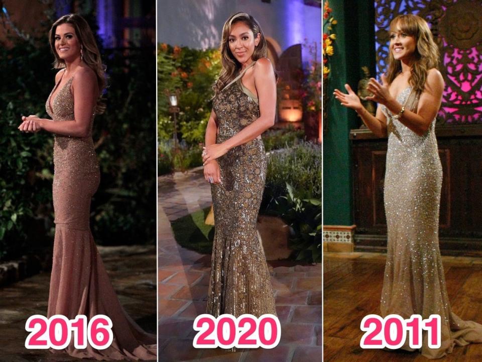 Leads wearing Randi Rahm designs on night one of "The Bachelorette" through the years.