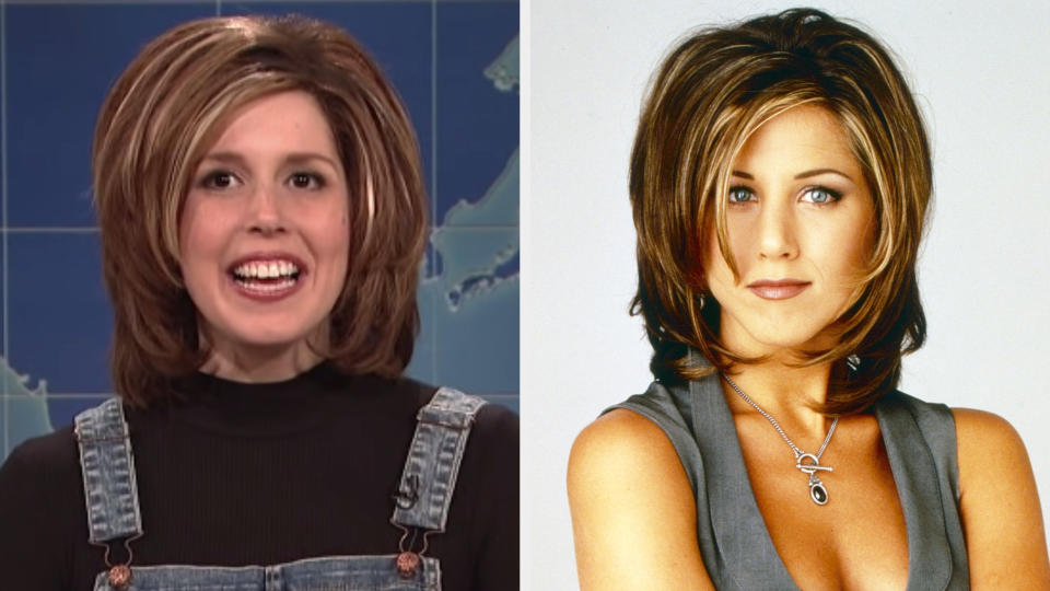 Vanessa Bayer dressed with the signature "Rachel" haircut from "Friends" side by side with Jennifer Aniston with the same hair