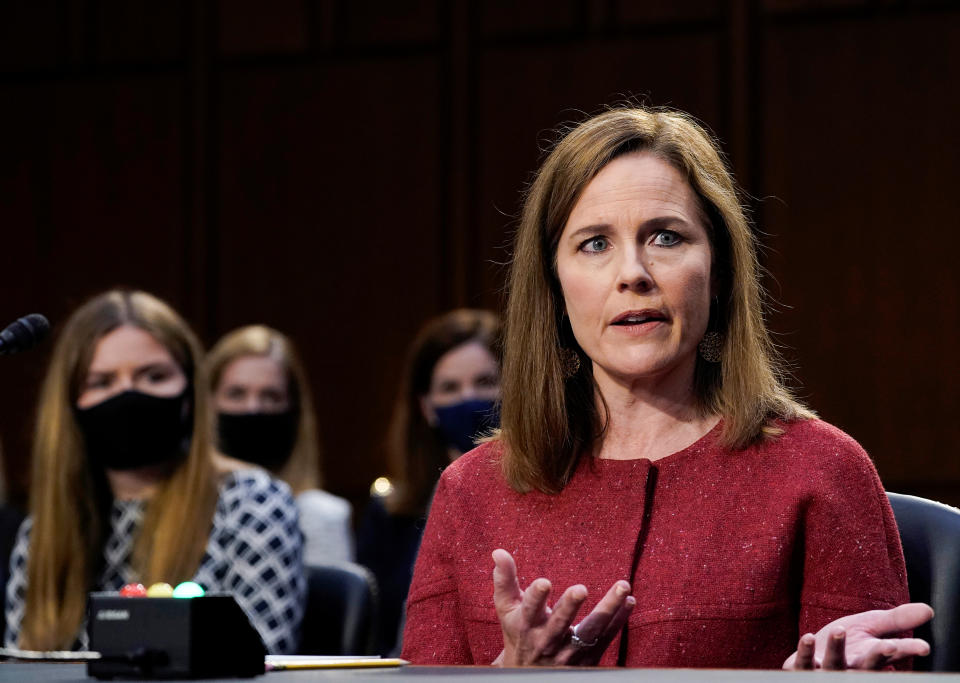 U.S. Supreme Court nominee Judge Amy Coney Barrett participates in the second day of her confirmation hearing before the Senate Judiciary Committee on Capitol Hill in Washington, D.C., U.S., October 13, 2020. (Drew Angerer/Pool via Reuters)