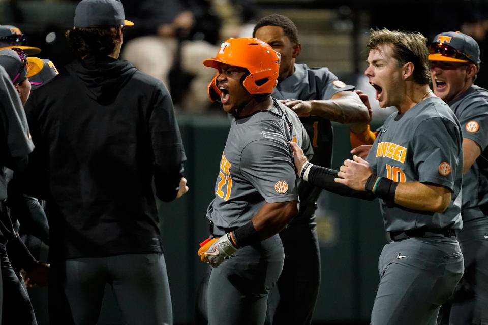 Tennessee right fielder Kavares Tears (21) celebrates after hitting a home run against Vanderbilt during the eighth inning at Hawkins Field in Nashville, Tenn., Friday, May 10, 2024.