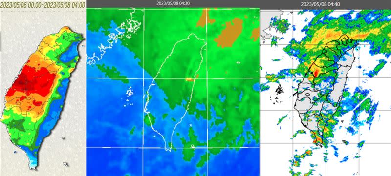 6日至8日4時雨量累積圖顯示（左圖），各地皆有降雨，中部最多、最大雨量達155毫米(彰化大村鄉)。