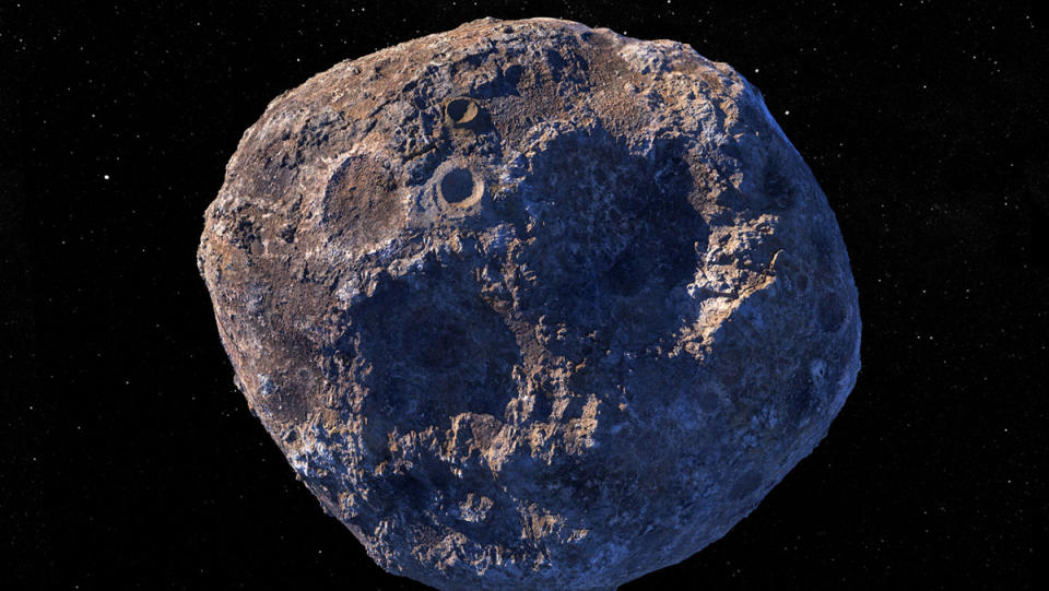 A crisp animation of the $700 quintillion grayish blue asteroid, Psyche 16.