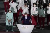 President of the International Olympic Committee Thomas Bach speaks during the opening ceremony at the Olympic Stadium at the 2020 Summer Olympics, Friday, July 23, 2021, in Tokyo. (AP Photo/Morry Gash)