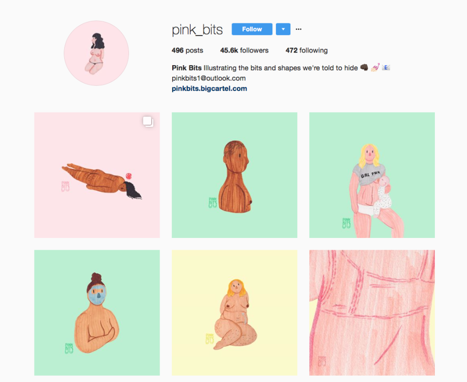 <p>Sie will zeigen, was andere lieber verstecken: Mit ihren bunten Bildchen vereint eine Illustratorin aus Sydney, Australien, gleich eine ganze Reihe von Statements auf ihrem Blog: Feminismus, Körperpositivität, Sexpositivität – und eine Prise Humor. Da findet die Zeichnung einer stillenden Frau genauso Platz wie kurvige Frauen mit unrasierten Beinen oder Frauen mit Narben. (Bild: Instagram/ pink_bits) </p>