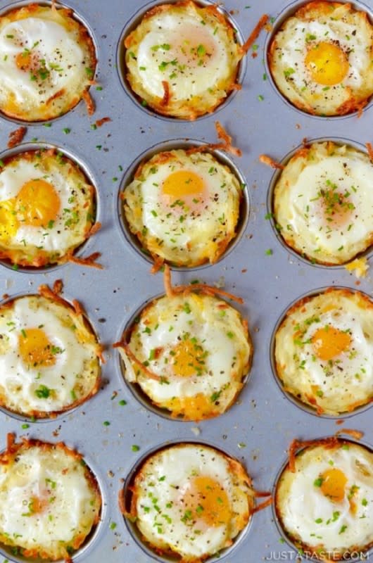 Just a Taste<p>Take the stress out of breakfast prep with this fast and fresh recipe for Cheesy Hash Brown Cups with Baked Eggs.</p><p><strong>Get the recipe: </strong><a href="https://www.justataste.com/cheesy-hash-brown-cups-baked-eggs-recipe/" rel="sponsored" target="_blank" data-ylk="slk:Cheesy Hash Brown Cups with Baked Eggs;elm:context_link;itc:0;sec:content-canvas" class="link "><strong>Cheesy Hash Brown Cups with Baked Eggs</strong></a></p>