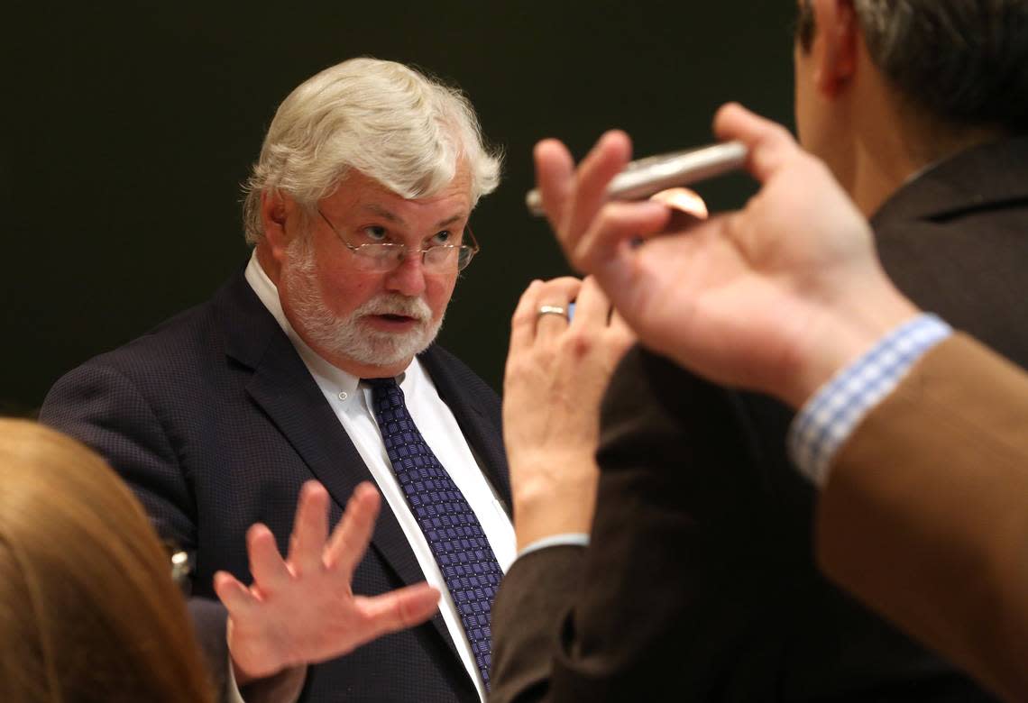 Former state Sen. Jack Latvala, R-Clearwater, answers questions from reporters in May 2017 at the Capitol in Tallahassee.