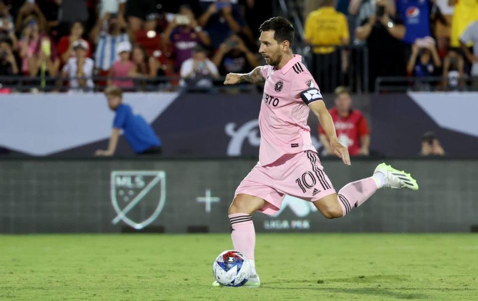 Inter Miami CF forward Lionel Messi (10) takes a penalty during a shootout against FC Dallas at Toyota Stadium.