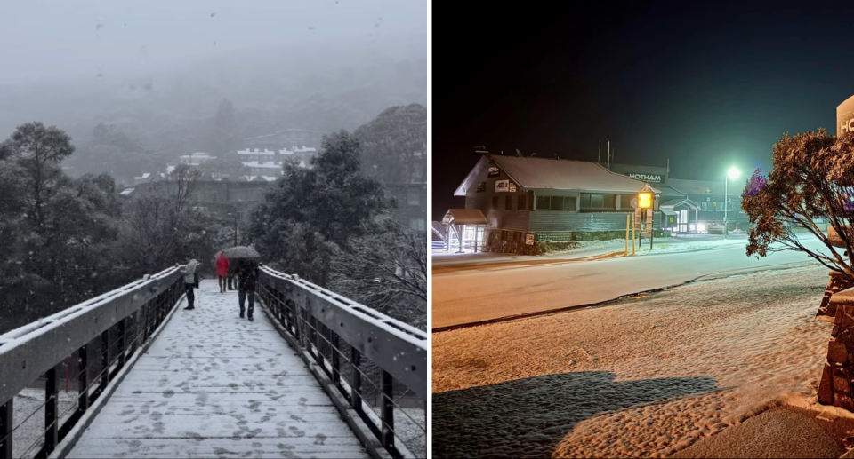 Images of snow blanketing Thredbo (left) and Hotham.