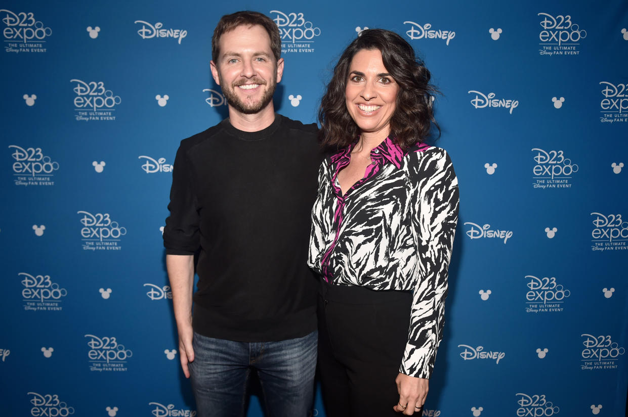 ANAHEIM, CALIFORNIA - AUGUST 23: (L-R) Director Matt Shakman and Head writer Jac Schaeffer of 'WandaVision' took part today in the Disney+ Showcase at Disney’s D23 EXPO 2019 in Anaheim, Calif.  'WandaVision' will stream exclusively on Disney+, which launches November 12. (Photo by Alberto E. Rodriguez/Getty Images for Disney)