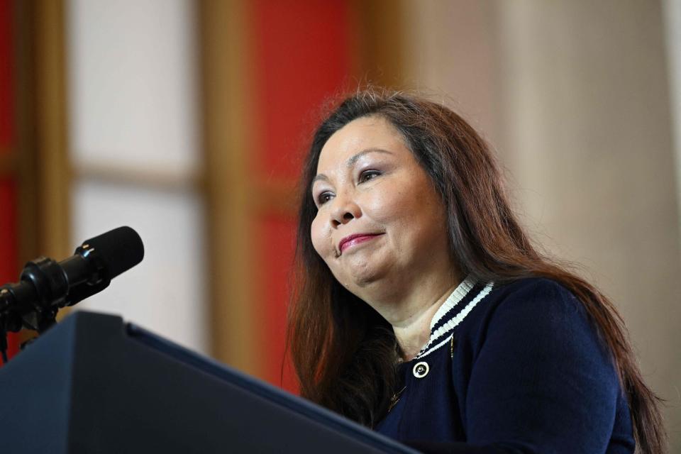 US Democratic Senator from Illinois Tammy Duckworth speaks before US President Joe Biden delivers remarks about the economy at the Old Post Office in Chicago, Illinois, on June 28, 2023.