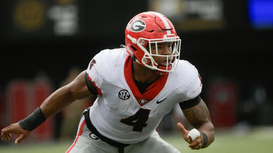 Georgia linebacker Nolan Smith plays against Vanderbilt during an NCAA college football game on Saturday, Sept. 25, 2021, in Nashville, Tenn. (AP Photo/John Amis)