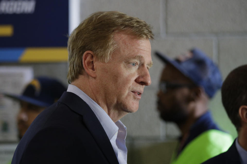 Commissioner Roger Goodell talks before an an NFL football game between the Los Angeles Chargers and the Philadelphia Eagles Sunday, Oct. 1, 2017, in Carson, Calif. (AP)