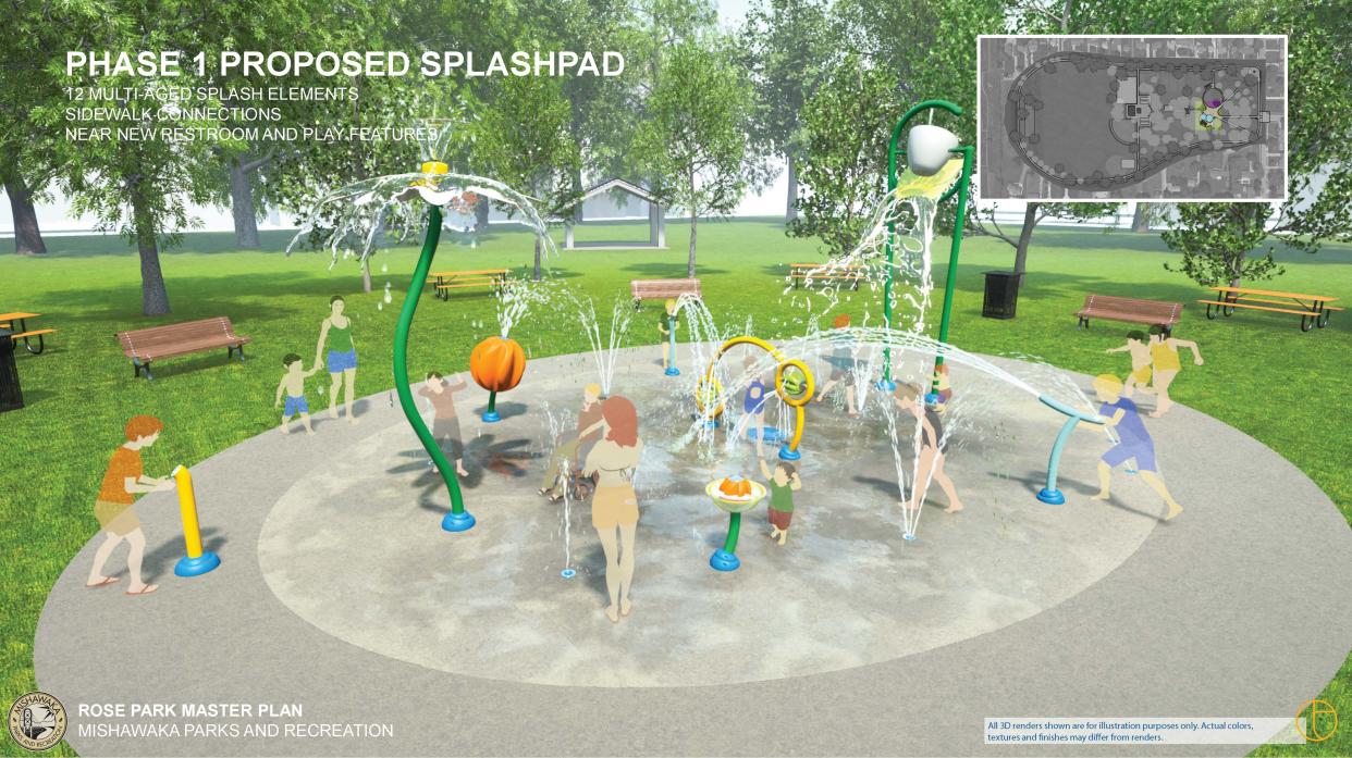 In this artist's rendering, the splash pad will be placed at the east side of Rose Park in Mishawaka and should be done in early summer, officials said.