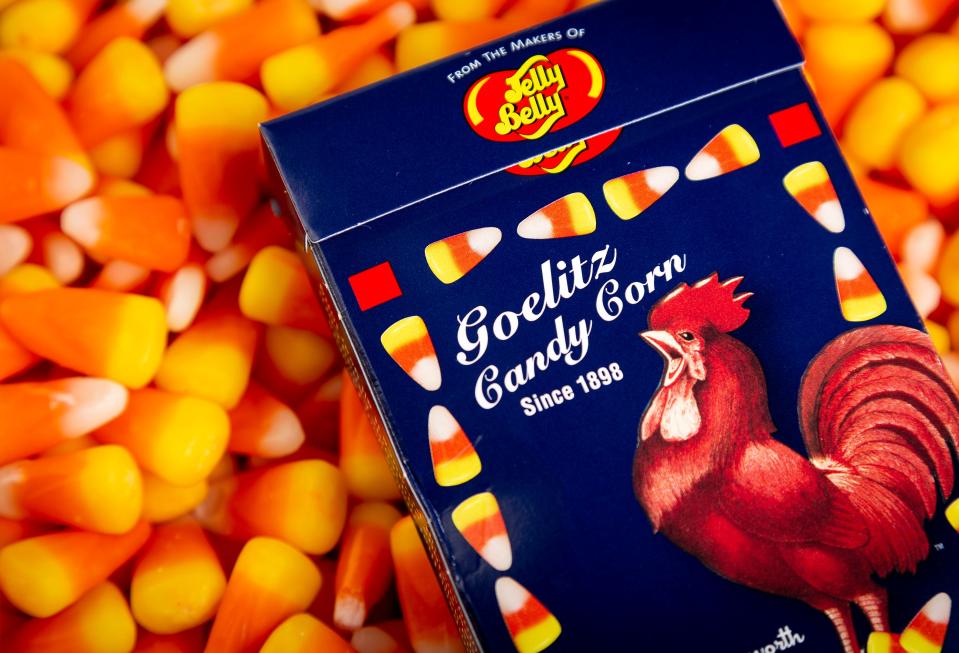 A box of Goelitz recipe candy corn in a bed of Brach's candy corn in 2018. Goelitz popularized the candy in 1898.