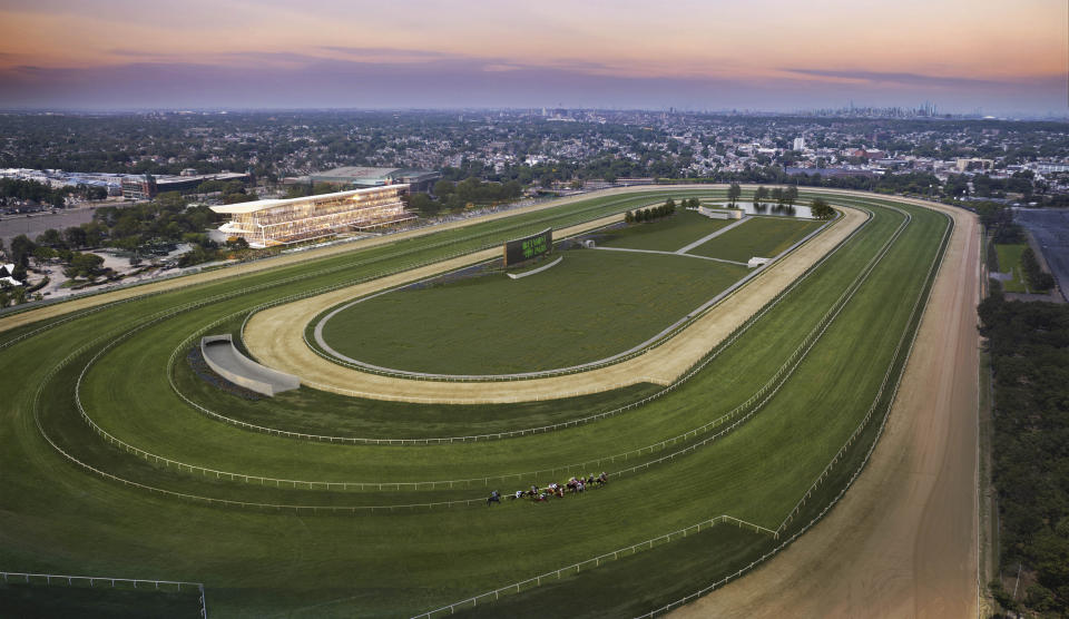 This image rendering provided by New York Racing Association shows Belmont Park in New York. New York Gov. Kathy Hochul unveiled a construction timeline Monday, March 4, 2024, that includes the $455 million project being fully completed by fall of that year, which could allow the Breeders’ Cup to return to the remade New York track as soon as 2026 if not long after. (New York Racing Association via AP)