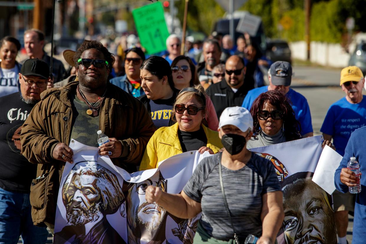 People join the Section 14 Survivors group as they host a symbolic march on Martin Luther King Jr. Day in Palm Springs in January 2024.