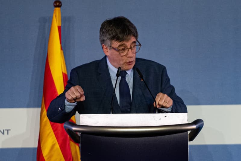 Former President of the Catalonia Government and Junts MEP Carles Puigdemont speaks during a press conference, in Mairie d'Elne 