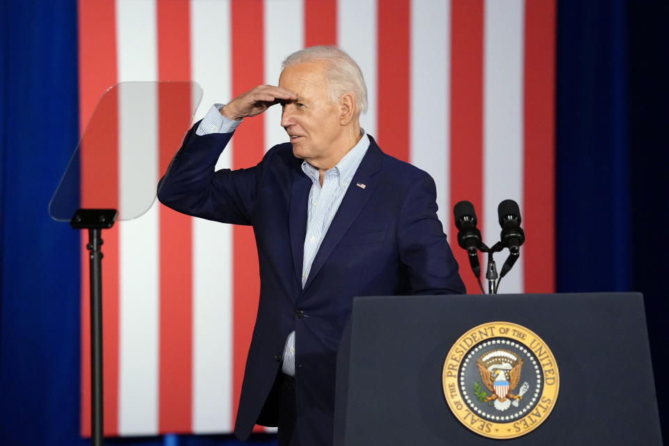 President Joe Biden looks out to the crowd after speaking on the economy Tuesday, March 19, 2024, in Las Vegas. (AP Photo/Lucas Peltier)