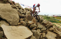 A rider from Germany is seen in action during a Mountain Bike training session on Day12 of the London 2012 Olympic Games at Hadleigh Farm on August 8, 2012 in Hadleigh, England. (Getty Images)