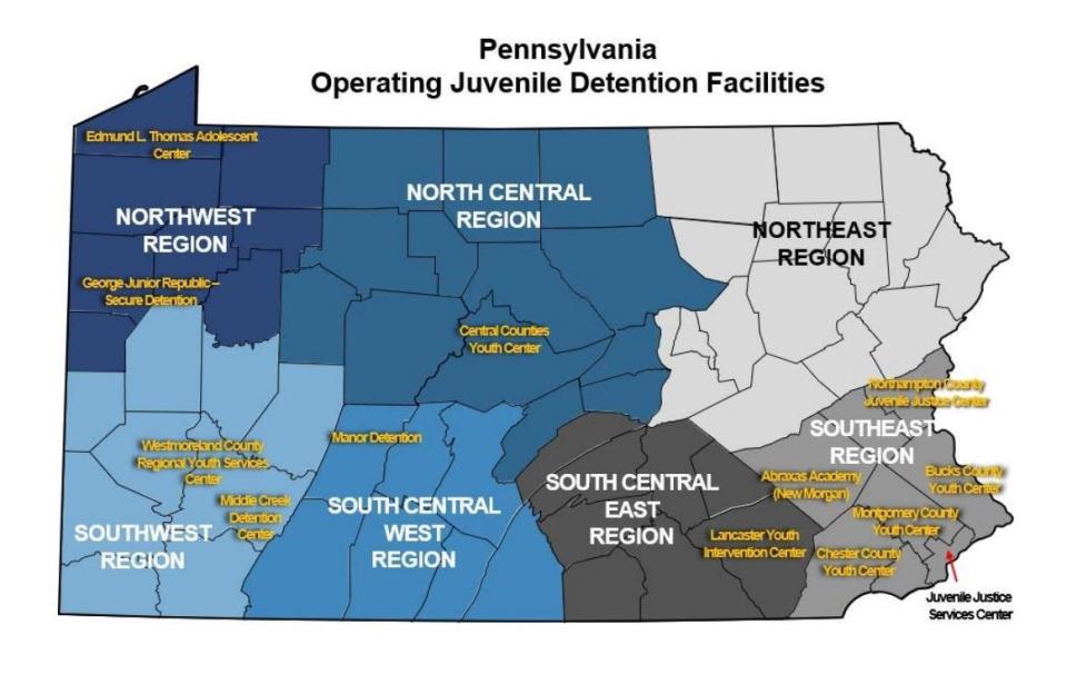 According to an April 2023 report by The Pennsylvania Juvenile Court Judge’s Commission, “only thirteen facilities are providing secure detention services in Pennsylvania.”