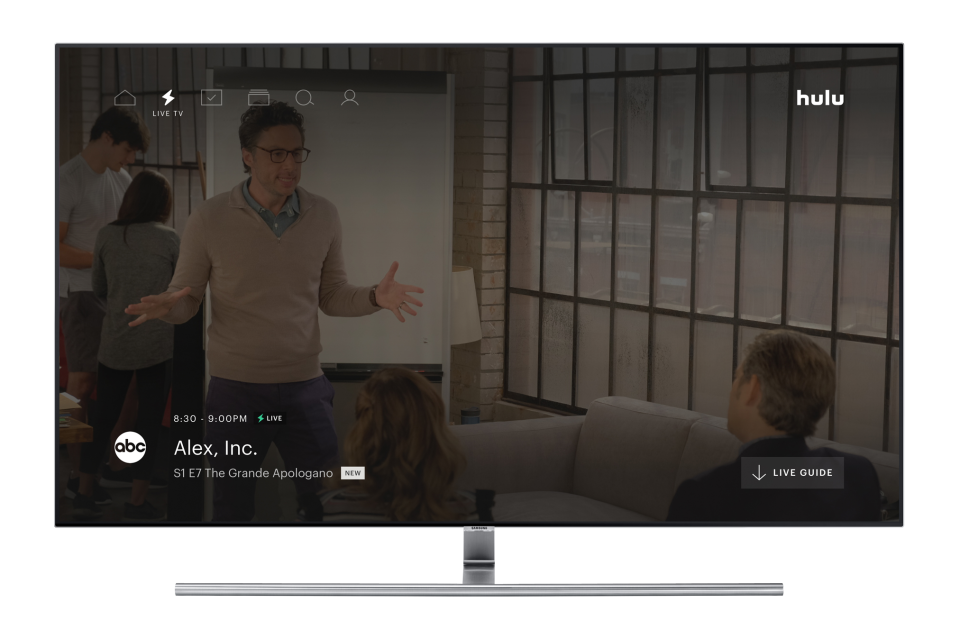 Hulu's Live TV service interface shown on a TV