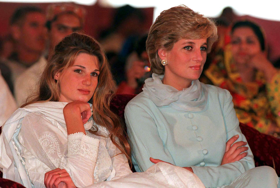 Diana, Princess of Wales, sits next to Jemima Khan (L) during a visit to Shaukat Khanum Hospital