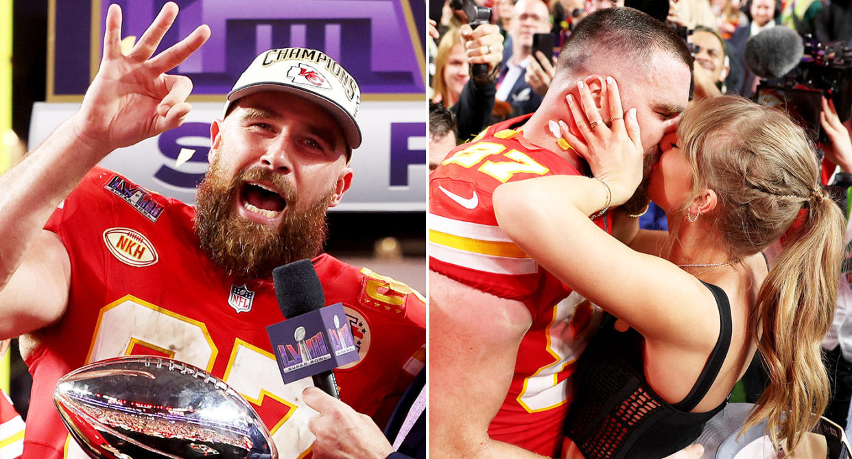 Travis Kelce pictured left and right with Taylor Swift