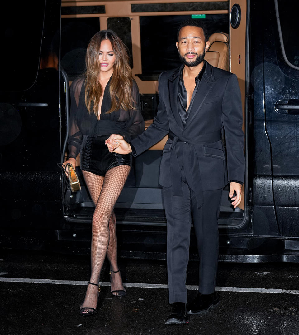 John Legend, Chrissy Teigen, model, sandal heels, mesh, no pants, New York, birthday