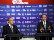 Manhattan borough president Scott Stringer, left, and former New York Gov. Eliot Spitzer, both Democrats, participate in a primary debate for New York City comptroller in the WCBS-TV studios, Thursday, Aug. 22, 2013, in New York. (AP Photo/Frank Franklin II, Pool)