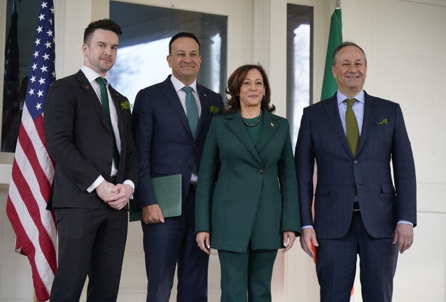 Taoiseach Leo Varadkar and partner Matt Barrett, left, with the US vice president Kamala Harris and her husband, Douglas Emhoff, right, during a breakfast meeting hosted by the VP at her official residence in Washington DC