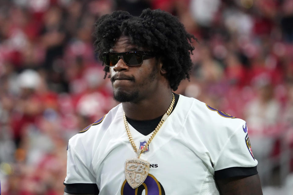 Aug 21, 2022; Glendale, Arizona, USA; Baltimore Ravens quarterback Lamar Jackson (8) looks on against the Arizona Cardinals during the first half at State Farm Stadium. Mandatory Credit: Joe Camporeale-USA TODAY Sports